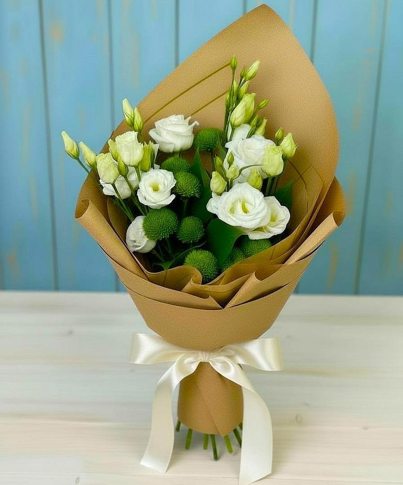 Букет цветов из: Хризантемы и Лизиантусы в Песчаном