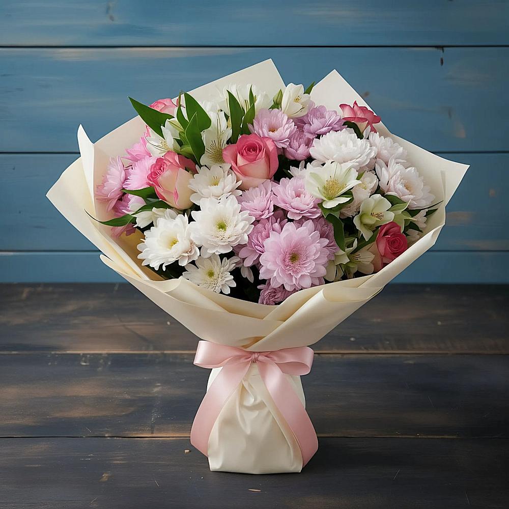 Букет цветов из: Хризантемы, Альстромерии и Розы в Песчаном